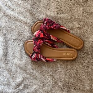 Kensie Red-Pink Multi Knot Slide Sandals